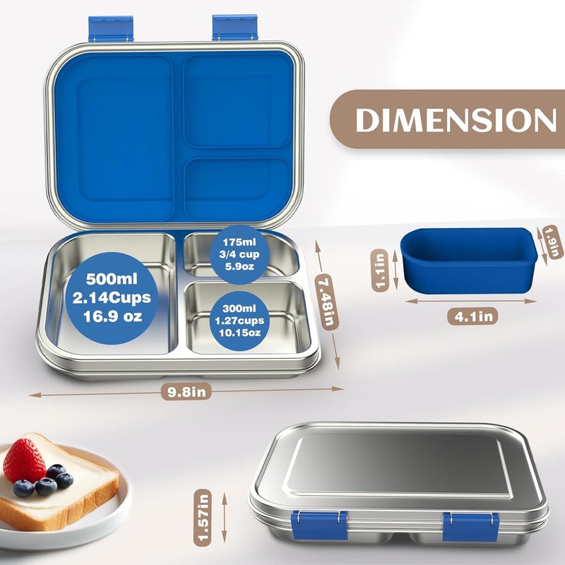 BABHAMNESS Stainless Steel Bento Box Kids, 3 Compartments Leak Proof Metal Bento Lunch Box, 304 Stainless Steel Bento Lunch Containers for School and Office,Dishwasher Safe, BPA-Free-Blue - Image 5